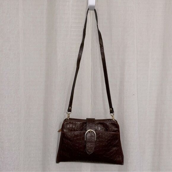 Matt Bags Croc Print Pebbled Chestnut Brown Genuine Leather Crossbody Bag - Picture 3 of 15